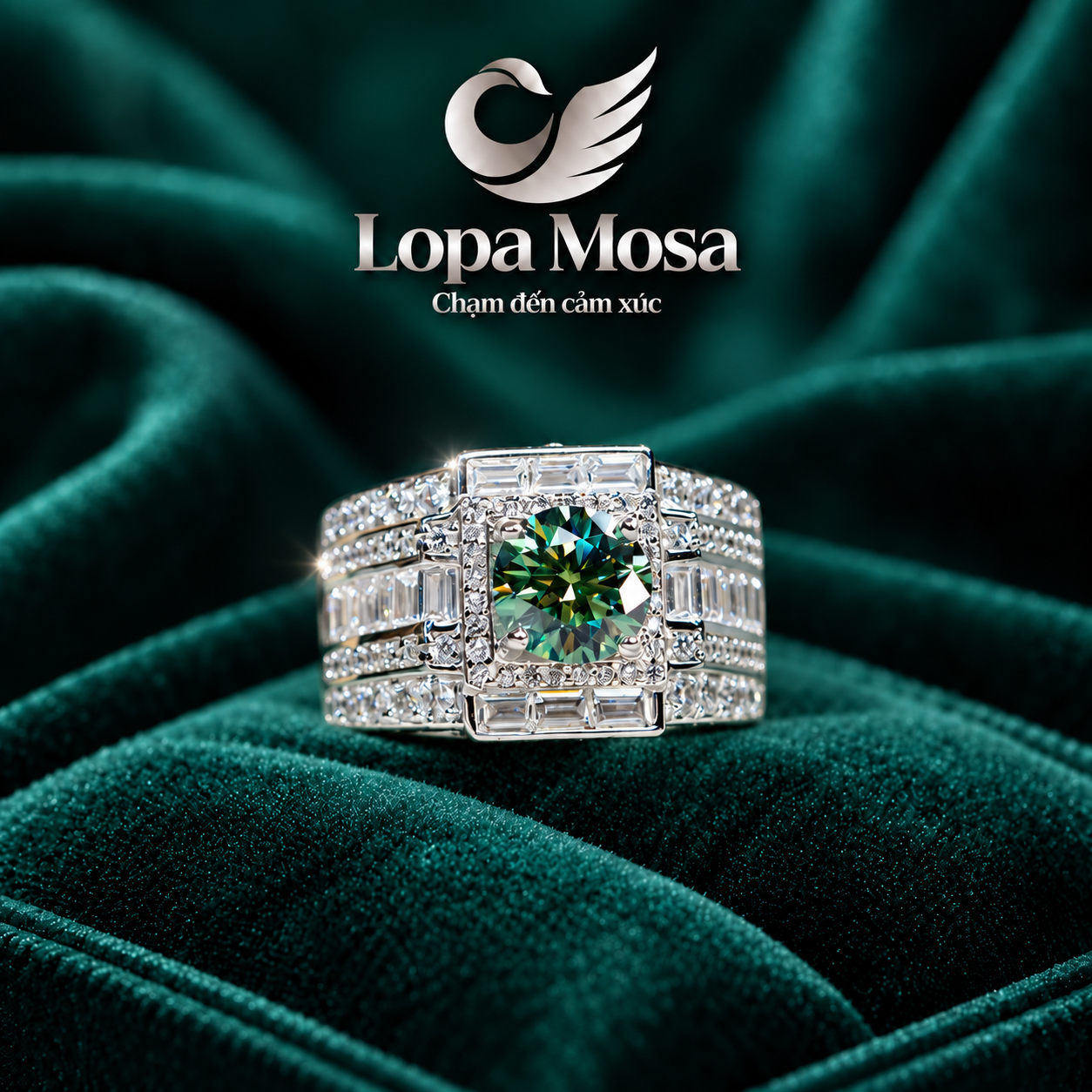 Nhẫn Nam Bạc 925 Chủ Moissanite 8mm LOPA MOSA RM0207 Màu Xanh Lá