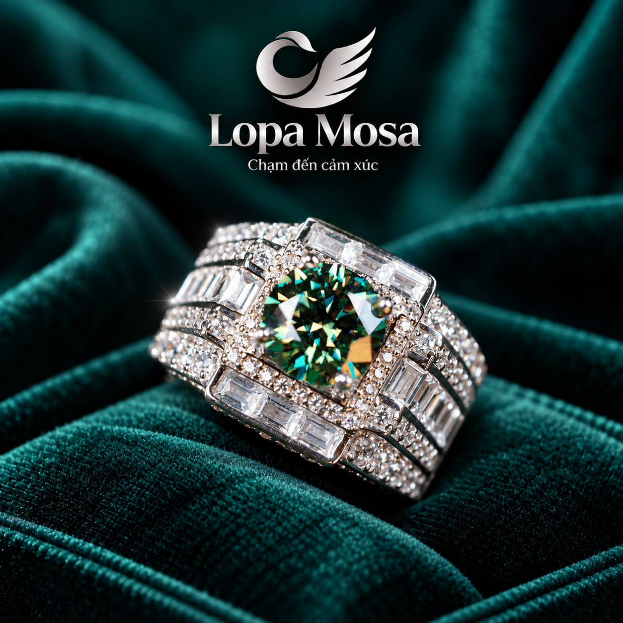 Nhẫn Nam Bạc 925 Chủ Moissanite 6.8mm LOPA MOSA RM0207 Màu Xanh Lá