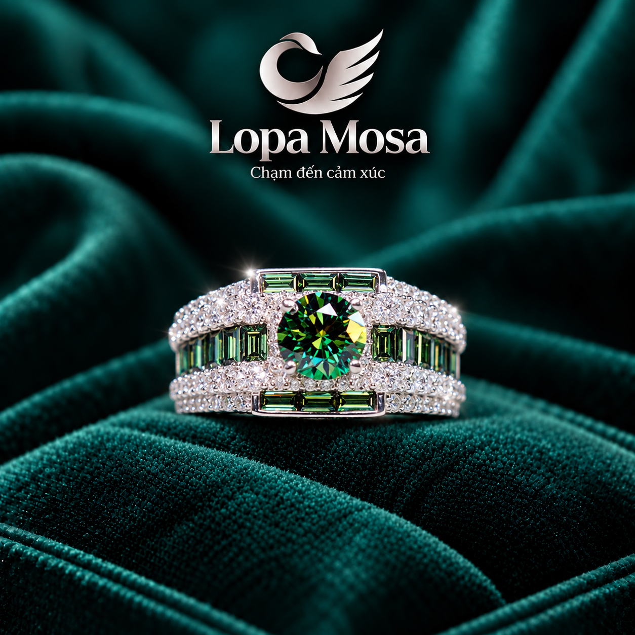 Nhẫn Nam Bạc 925 Đính Moissanite 6.8mm LOPA MOSA RM0207 Màu Xanh Lá