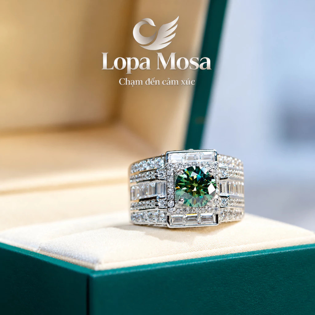 Nhẫn Nam Bạc 925 Chủ Moissanite 6.8mm LOPA MOSA RM0207 Màu Xanh Lá - ảnh 2
