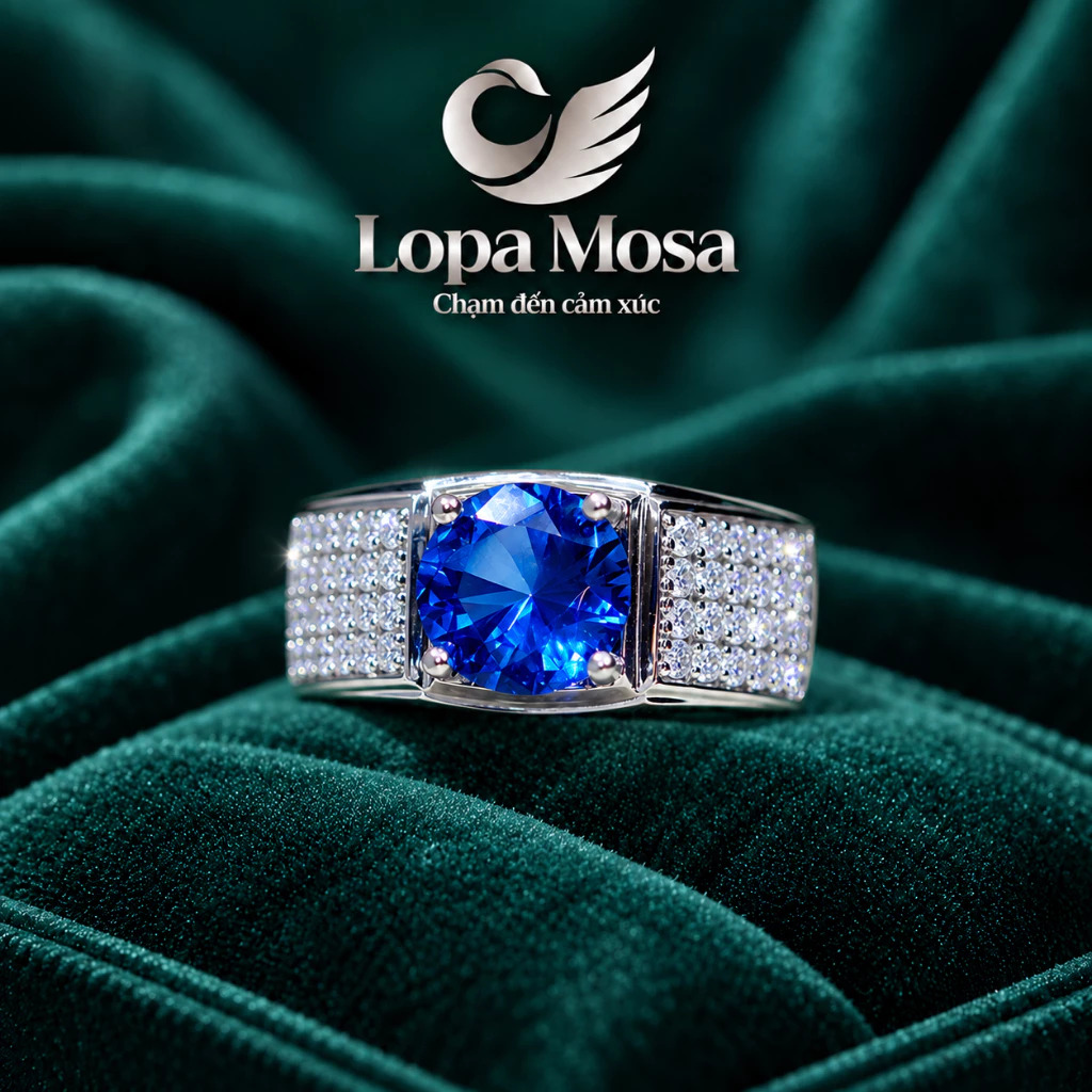 Nhẫn Nam Bạc 925 Chủ Moissanite 6.8mm LOPA MOSA RM0207 Màu Xanh Dương
