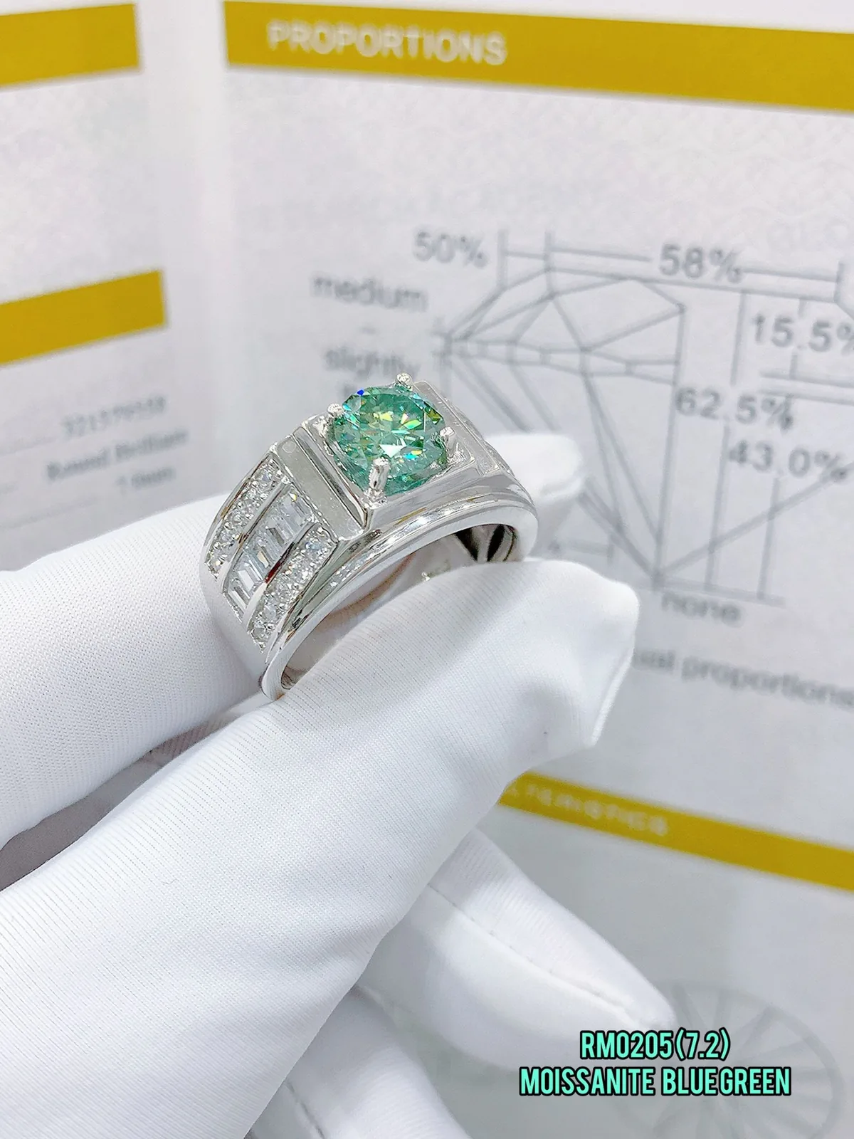 Nhẫn bạc nam đính moissanite chủ màu xanh lục lam, thân nhẫn xen đá baguette và đá tròn nhỏ, mã RM0205